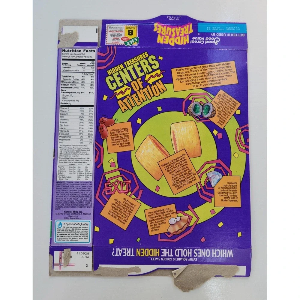 Vintage 1994 HIDDEN TREASURES Cereal Box GENERAL MILLS Packaging Food 90s RARE‎